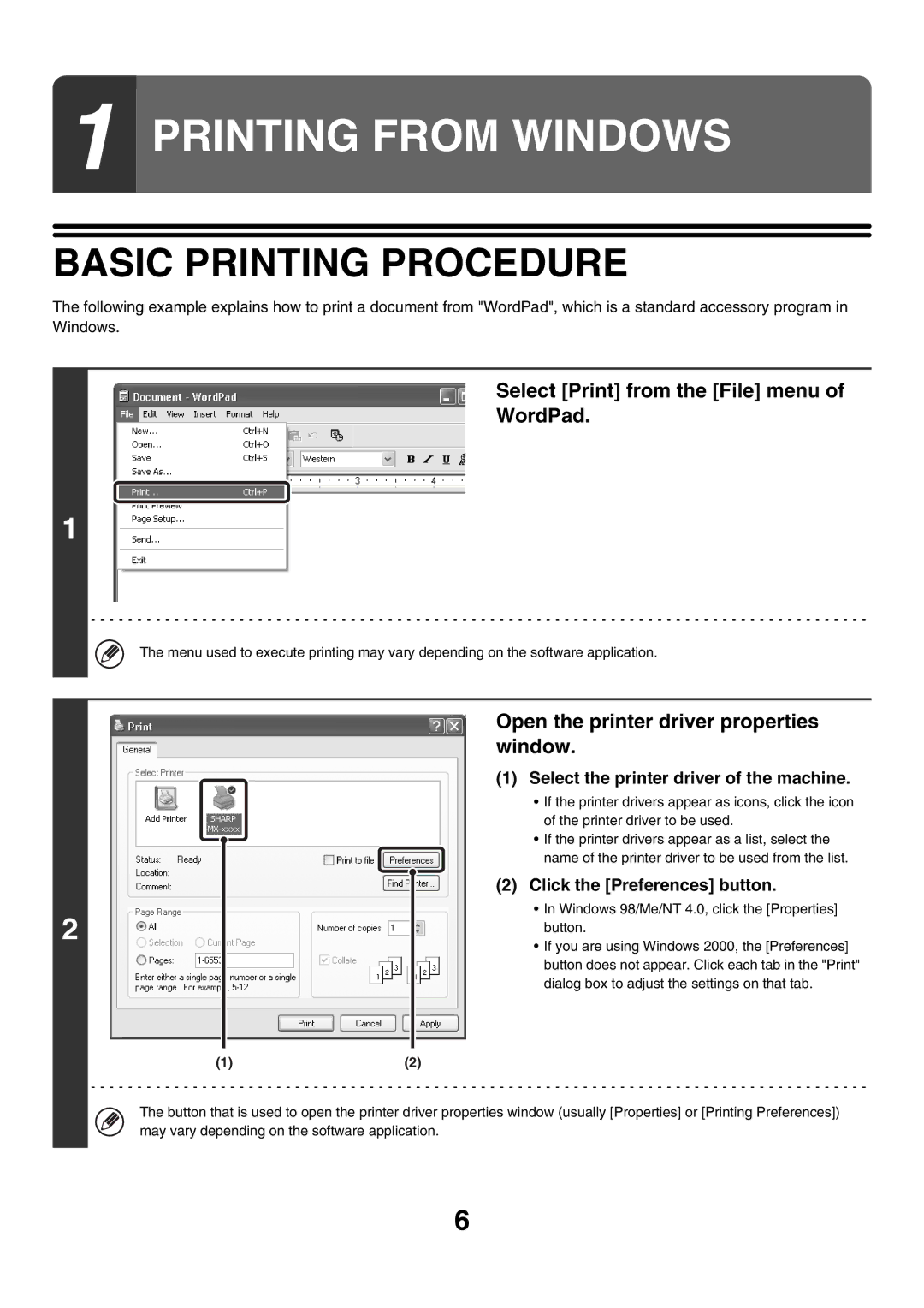 Sharp MX-4500N, MX-4501N, MX-2700N, MX-2300G, MX-3501N manual Basic Printing Procedure, Select Print from the File menu WordPad 