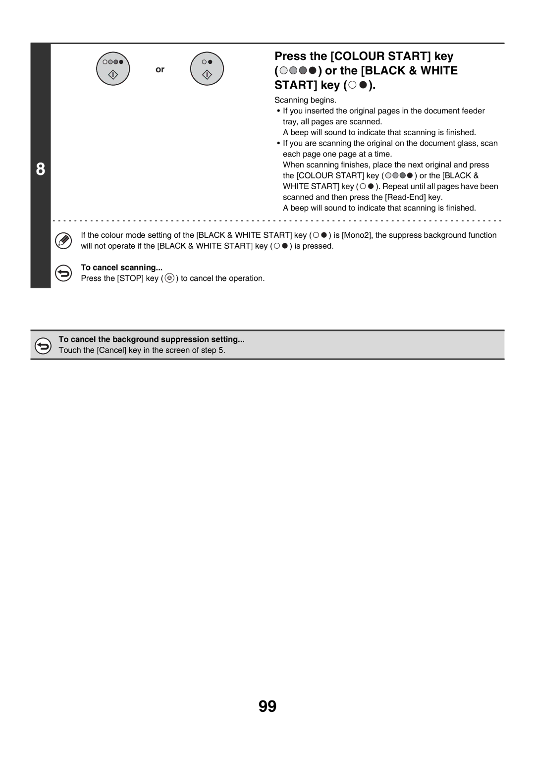 Sharp MX-2300N, MX-4501N Press the Colour Start key Or the Black & White, To cancel the background suppression setting 