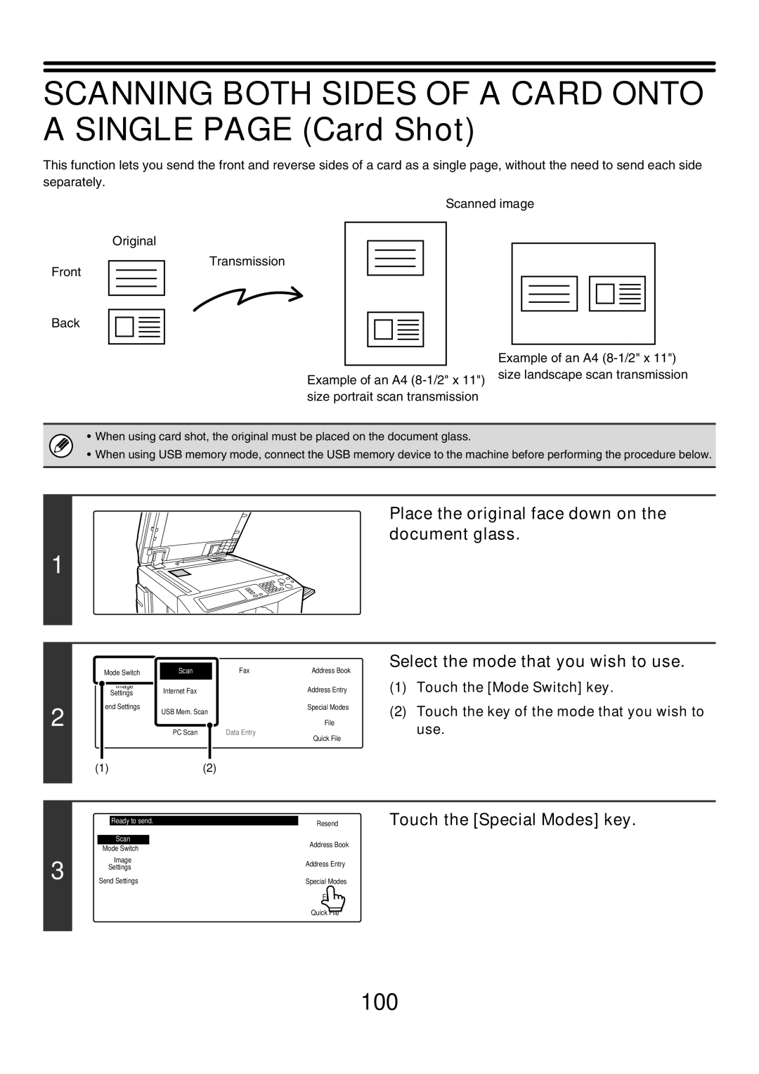 Sharp MX-2700G, MX-4501N, MX-2700N, MX-2300G, MX-3501N manual Scanning Both Sides of a Card Onto a Single page Card Shot, 100 