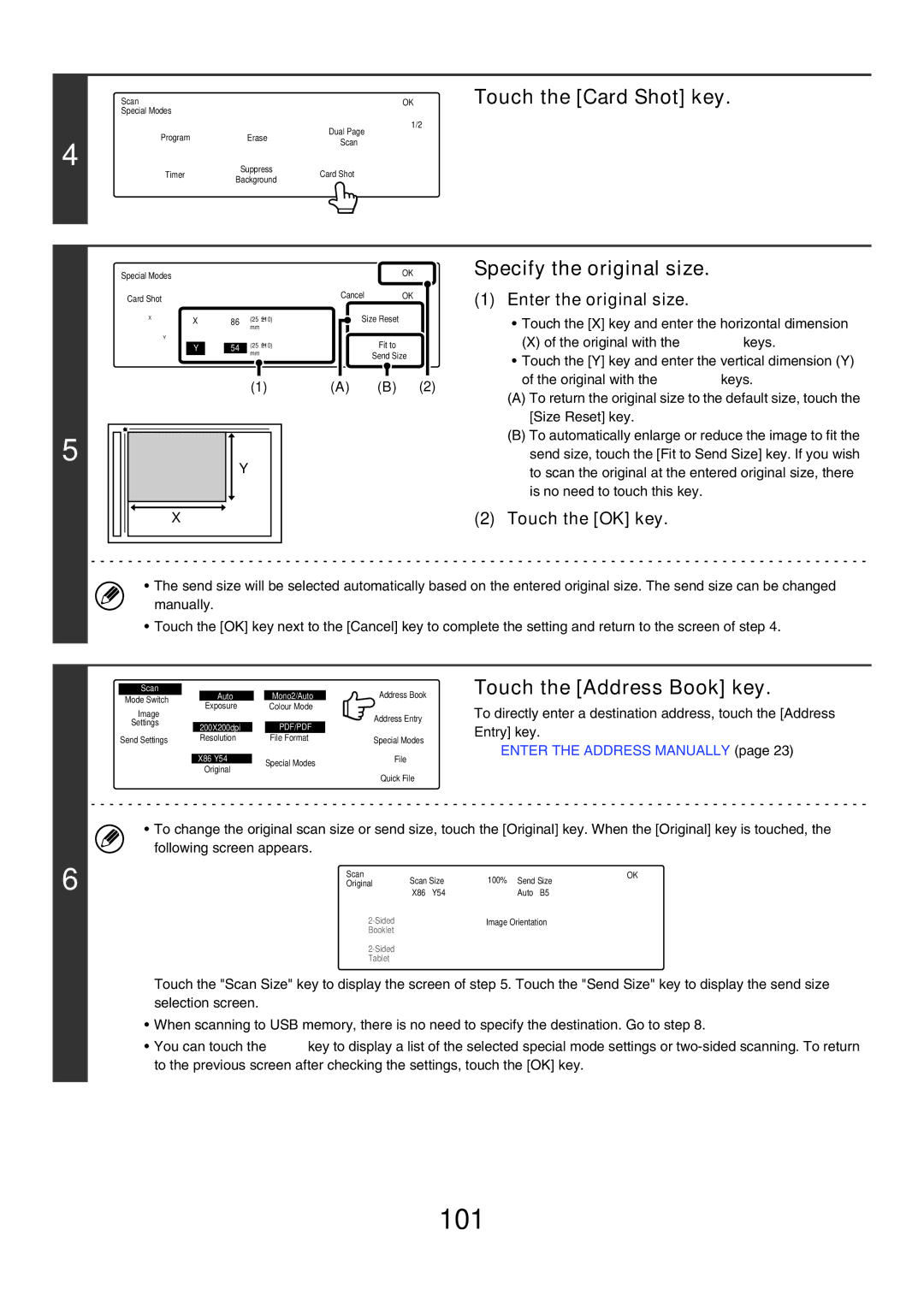 Sharp MX-3500N, MX-4501N, MX-2700N manual 101, Touch the Card Shot key, OKSpecify the original size, Enter the original size 