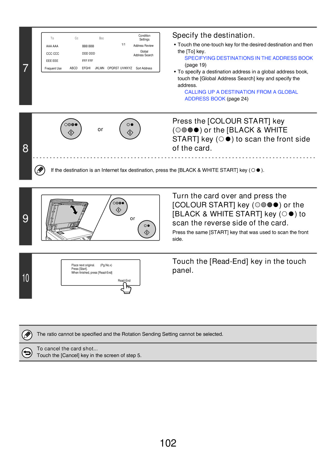 Sharp MX-4500N, MX-4501N, MX-2700N, MX-2300G manual 102, Touch the Read-End key in the touch, Panel, To cancel the card shot 