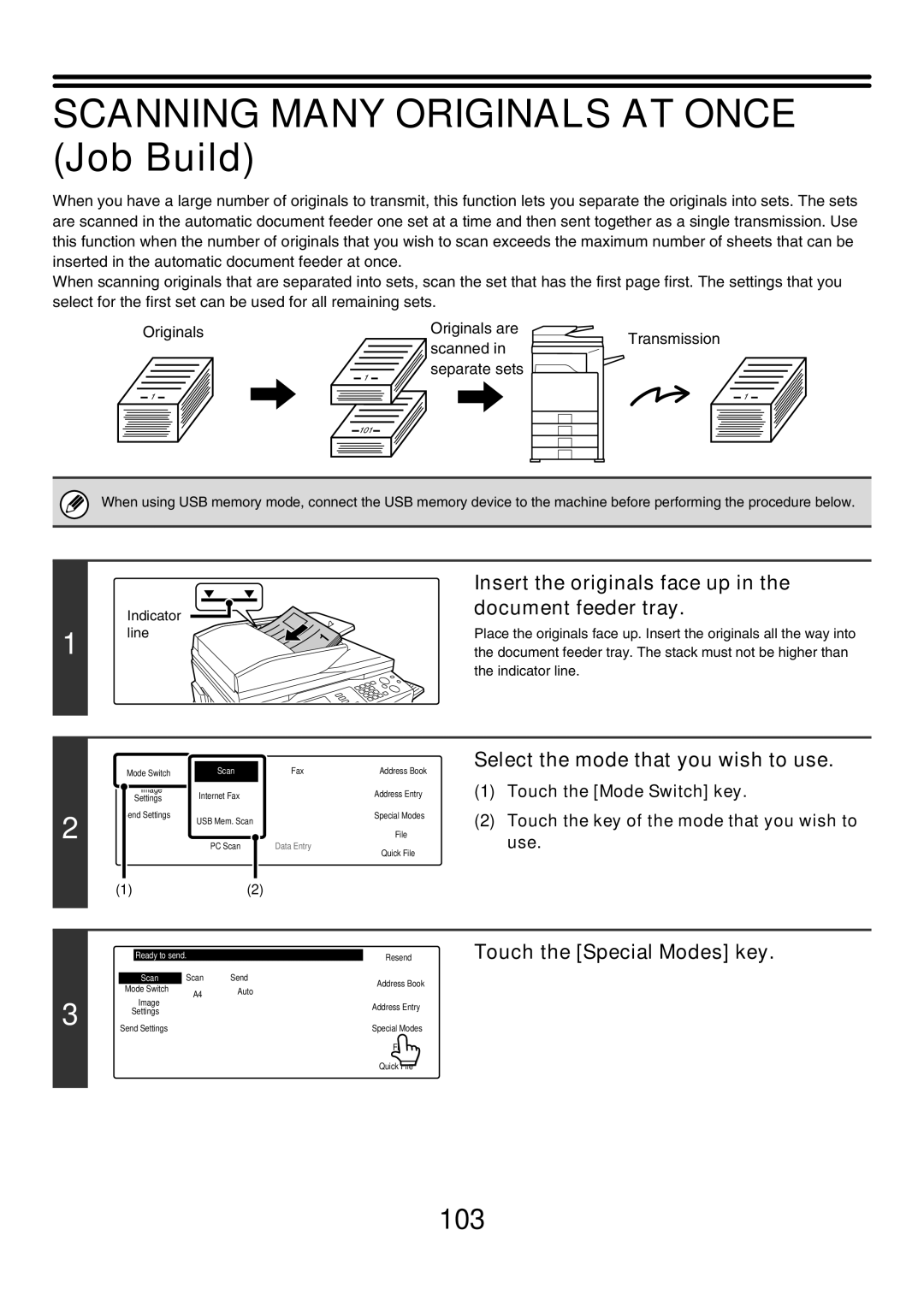 Sharp MX-4501N Scanning Many Originals AT Once Job Build, 103, Insert the originals face up in the document feeder tray 