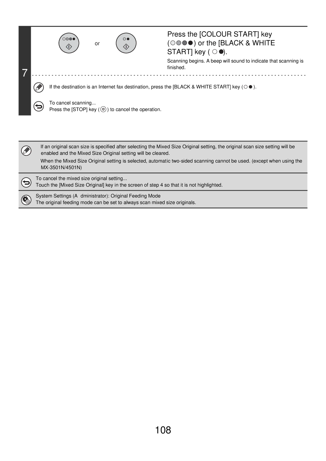 Sharp MX-2700G manual 108, To cancel the mixed size original setting, System Settings Administrator Original Feeding Mode 