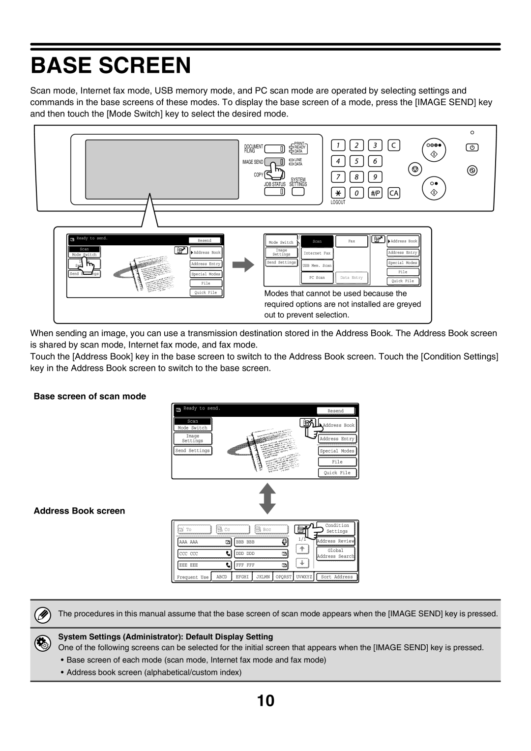 Sharp MX-3501N, MX-4501N, MX-2700N, MX-2300G, MX-2300N, MX-2700G Base Screen, Base screen of scan mode, Address Book screen 