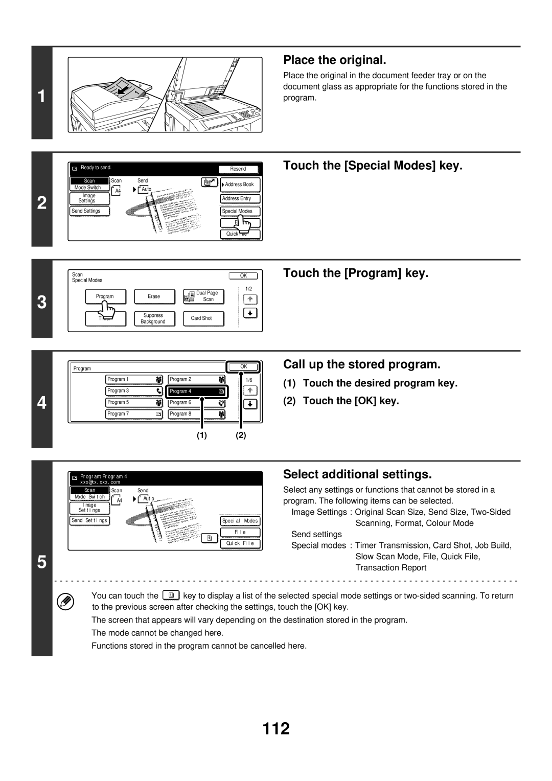 Sharp MX-2700N, MX-4501N, MX-2300G manual 112, Touch the Program key, Call up the stored program, Select additional settings 