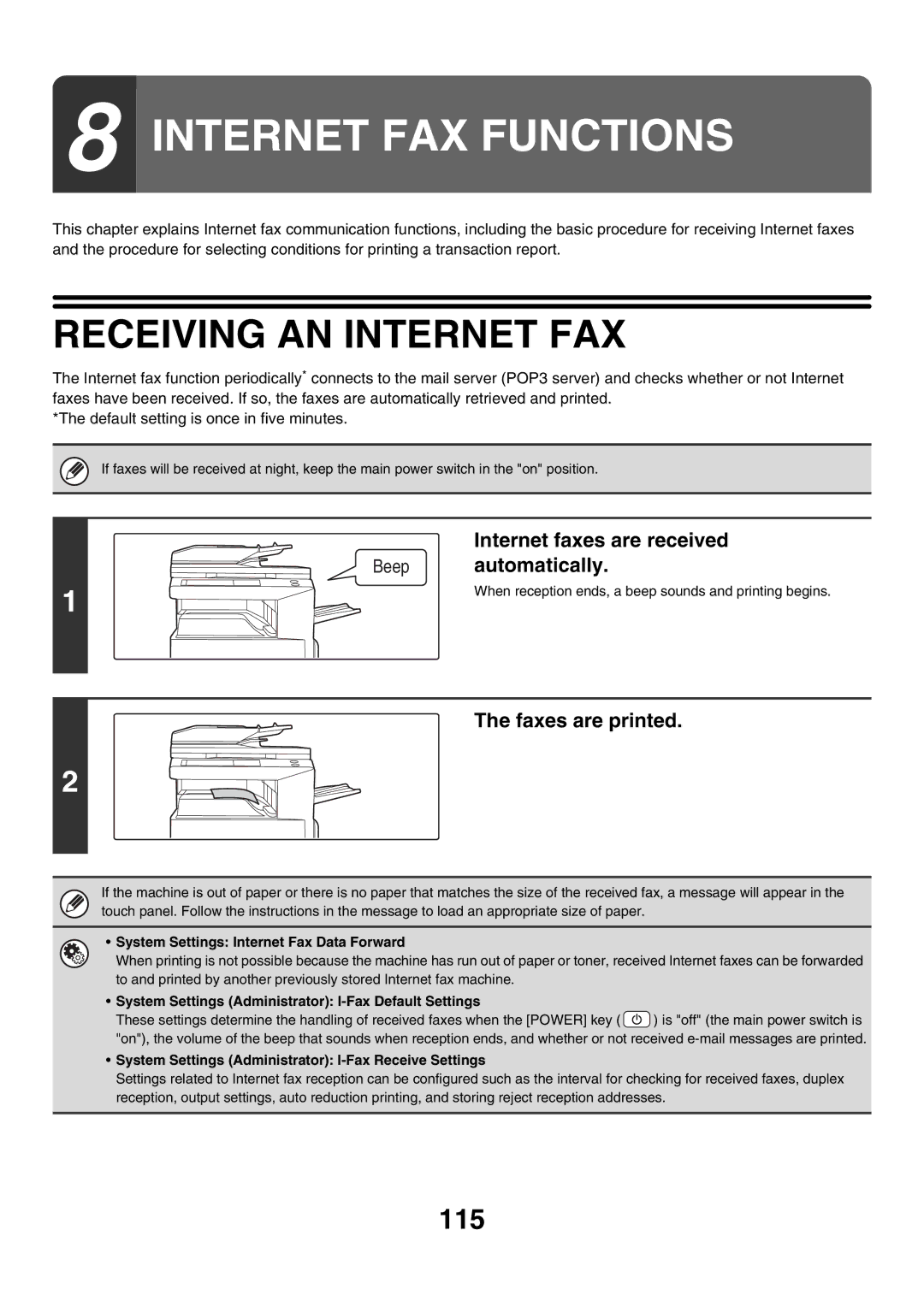 Sharp MX-2300N, MX-4501N Receiving AN Internet FAX, 115, Internet faxes are received, Automatically, Faxes are printed 