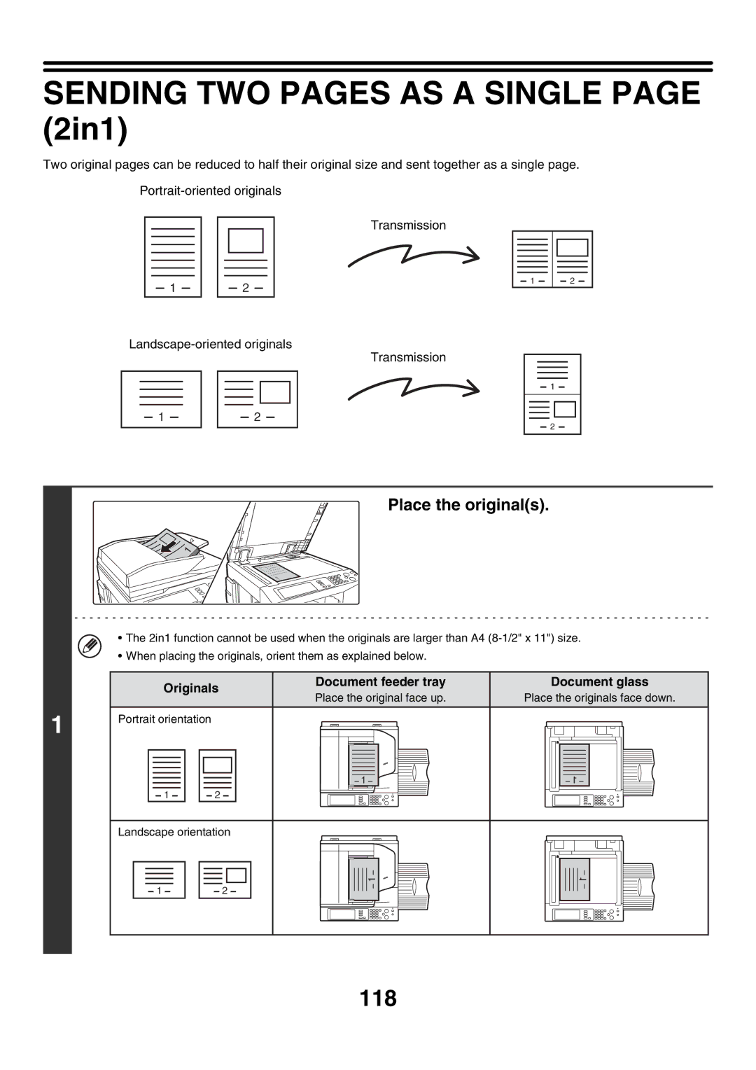 Sharp MX-4500N, MX-4501N, MX-2700N, MX-2300G, MX-3501N manual Sending TWO Pages AS a Single page 2in1, 118, Place the originals 