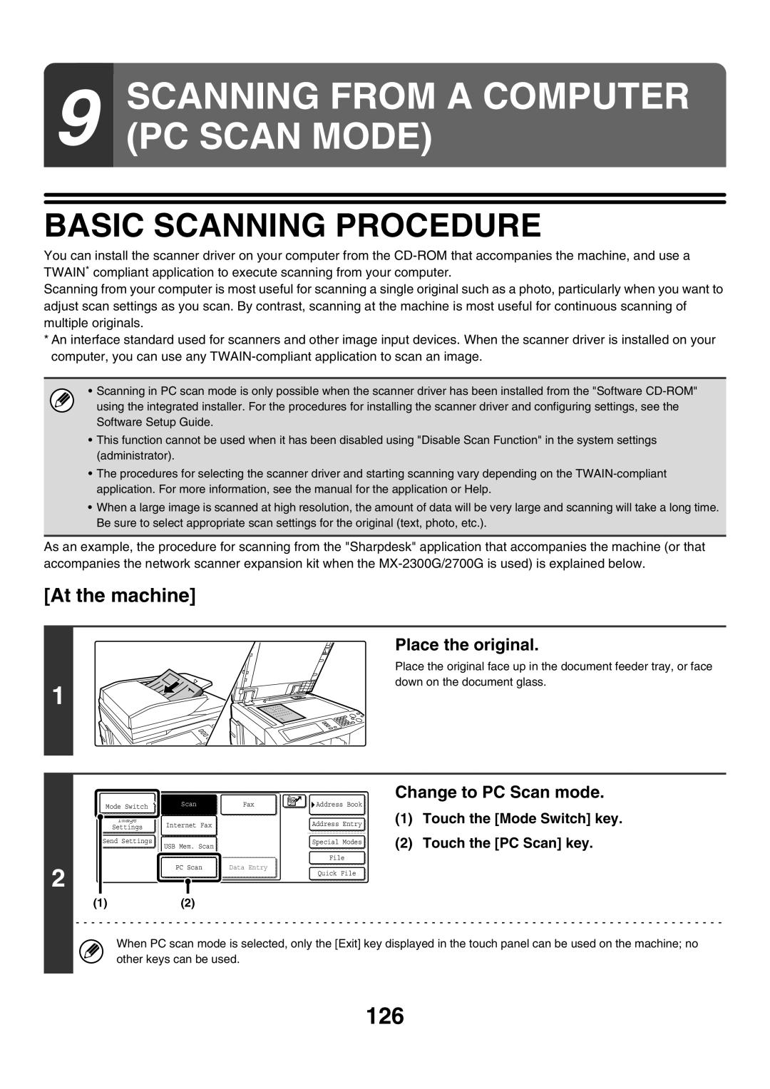 Sharp MX-4500N, MX-4501N, MX-2700N, MX-2300G, MX-3501N Basic Scanning Procedure, 126, At the machine, Change to PC Scan mode 