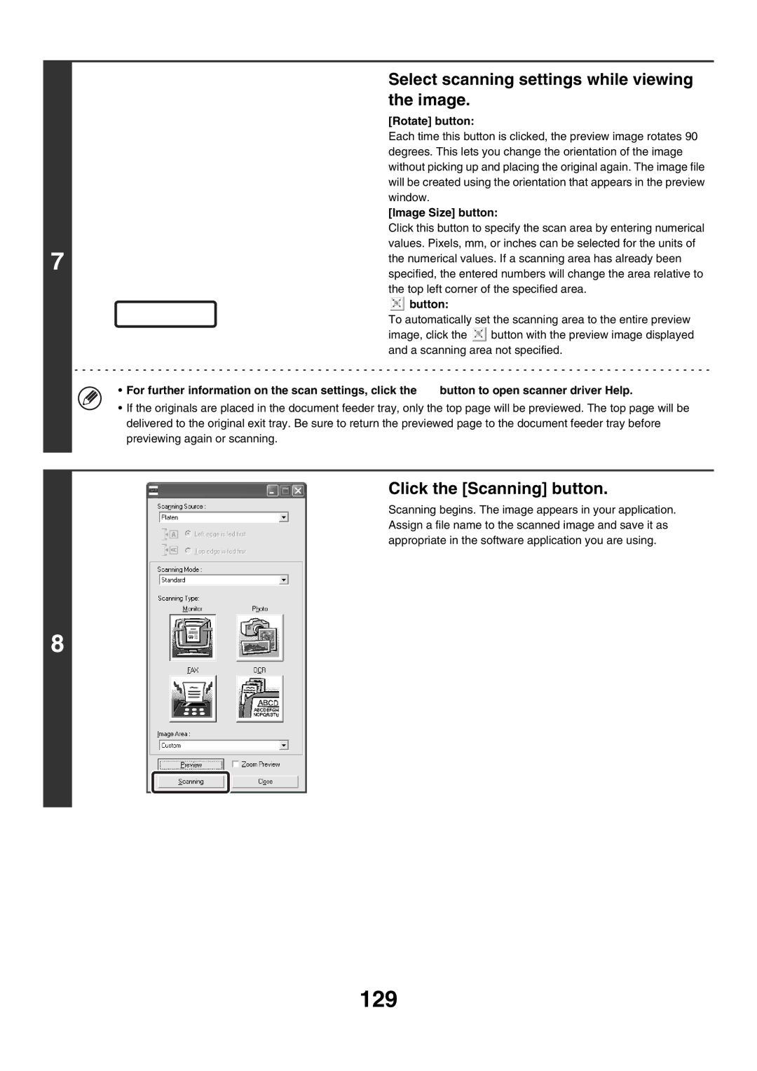 Sharp MX-2300G, MX-4501N, MX-2700N manual 129, Select scanning settings while viewing the image, Click the Scanning button 