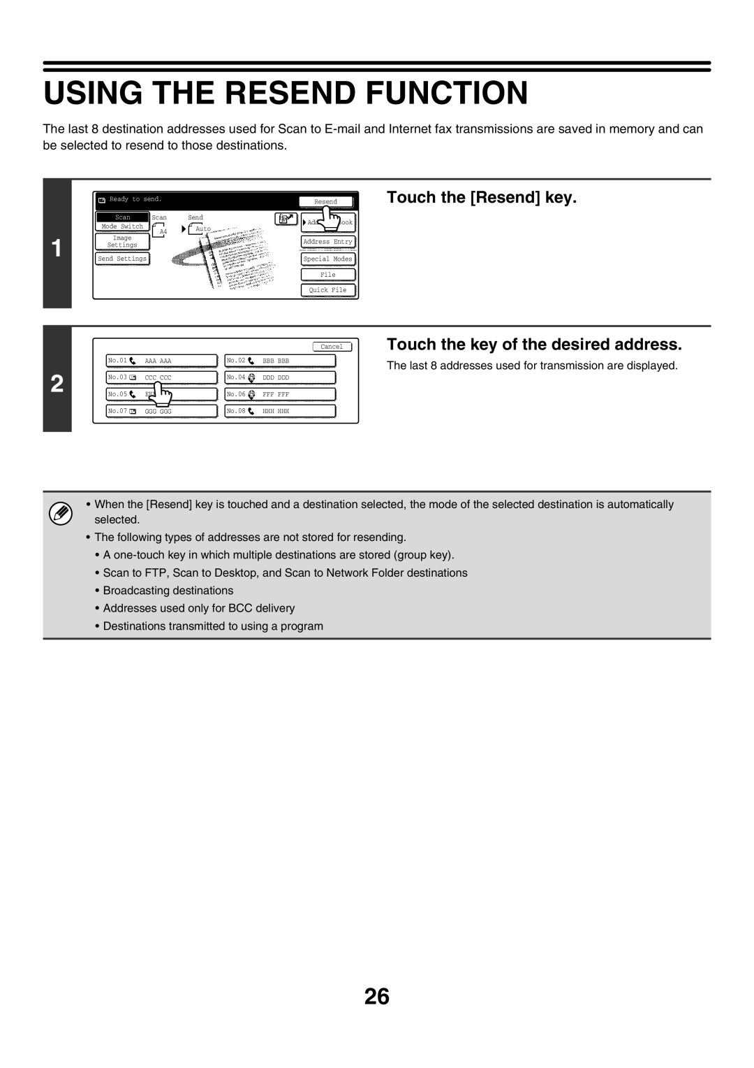 Sharp MX-3501N, MX-4501N, MX-2700N Using the Resend Function, Touch the Resend key, Touch the key of the desired address 