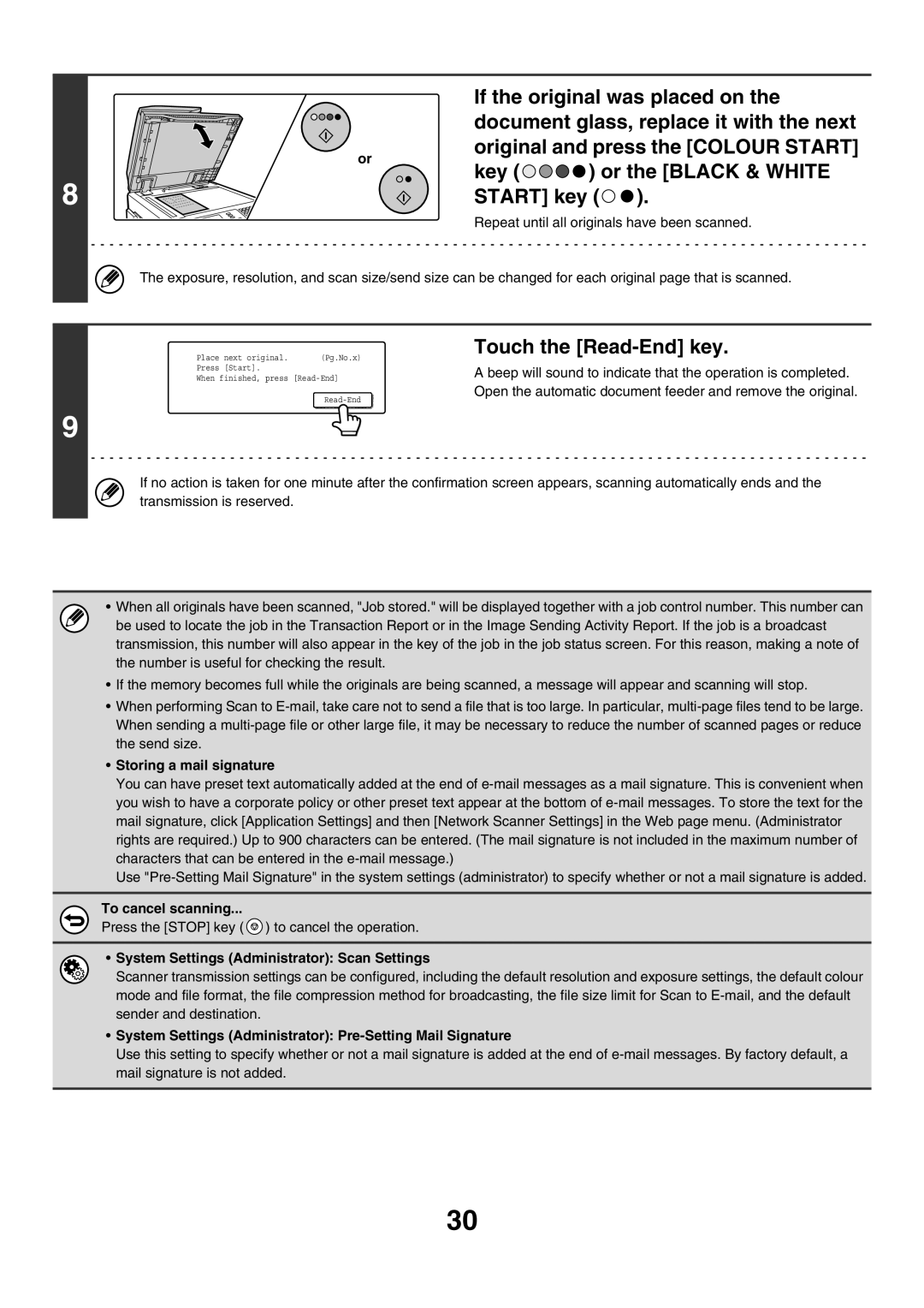 Sharp MX-4500N, MX-4501N Touch the Read-End key, Storing a mail signature, System Settings Administrator Scan Settings 