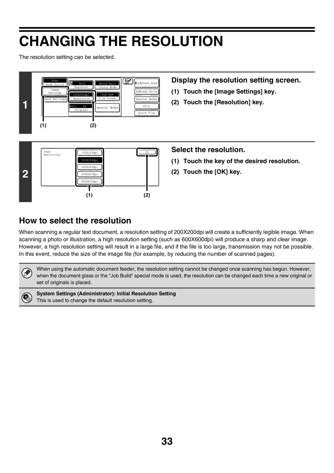 Sharp MX-2300G, MX-4501N manual Changing the Resolution, How to select the resolution, Display the resolution setting screen 