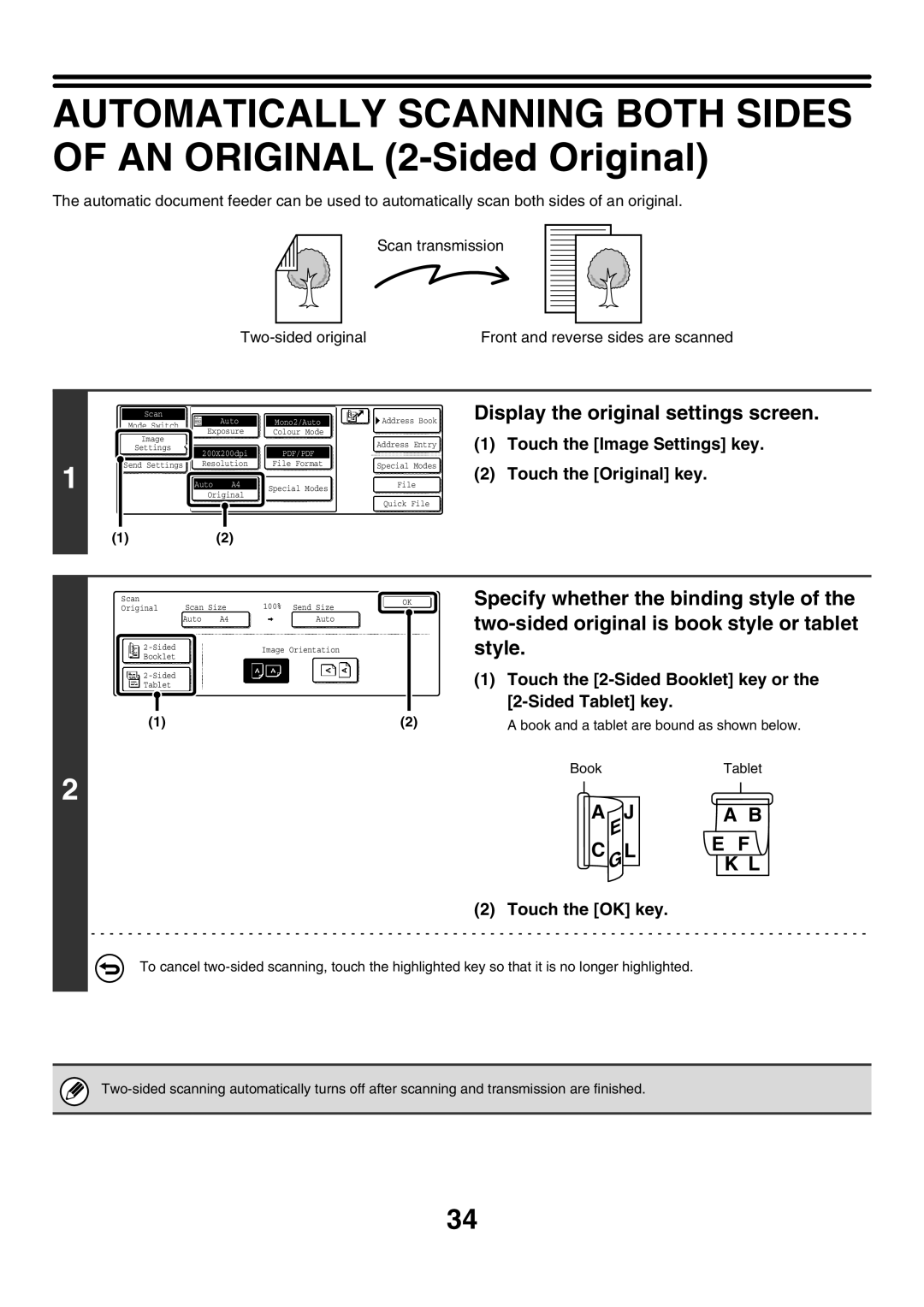 Sharp MX-3501N, MX-4501N, MX-2700N, MX-2300G, MX-2300N manual Touch the 2-Sided Booklet key or the 2-Sided Tablet key, Auto A4 