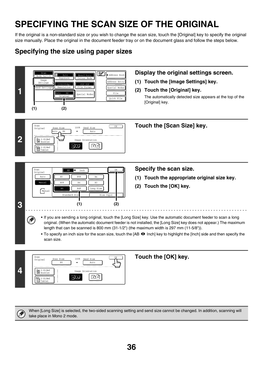 Sharp MX-2700G Specifying the Scan Size of the Original, Specifying the size using paper sizes, Touch the Scan Size key 