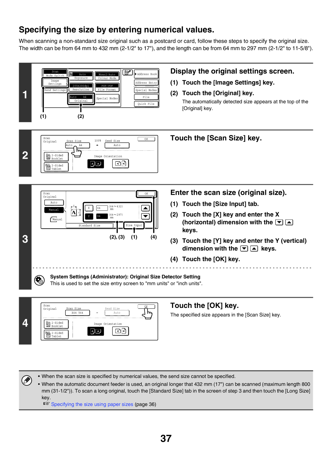 Sharp MX-3500N, MX-4501N, MX-2700N manual Specifying the size by entering numerical values, Enter the scan size original size 