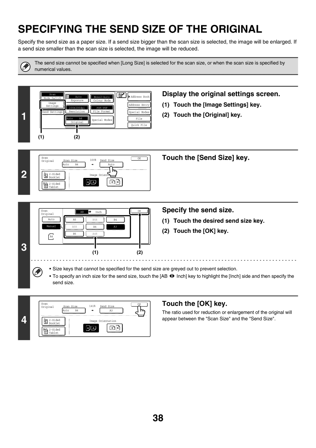 Sharp MX-4500N, MX-4501N, MX-2700N Specifying the Send Size of the Original, Touch the Send Size key, Specify the send size 