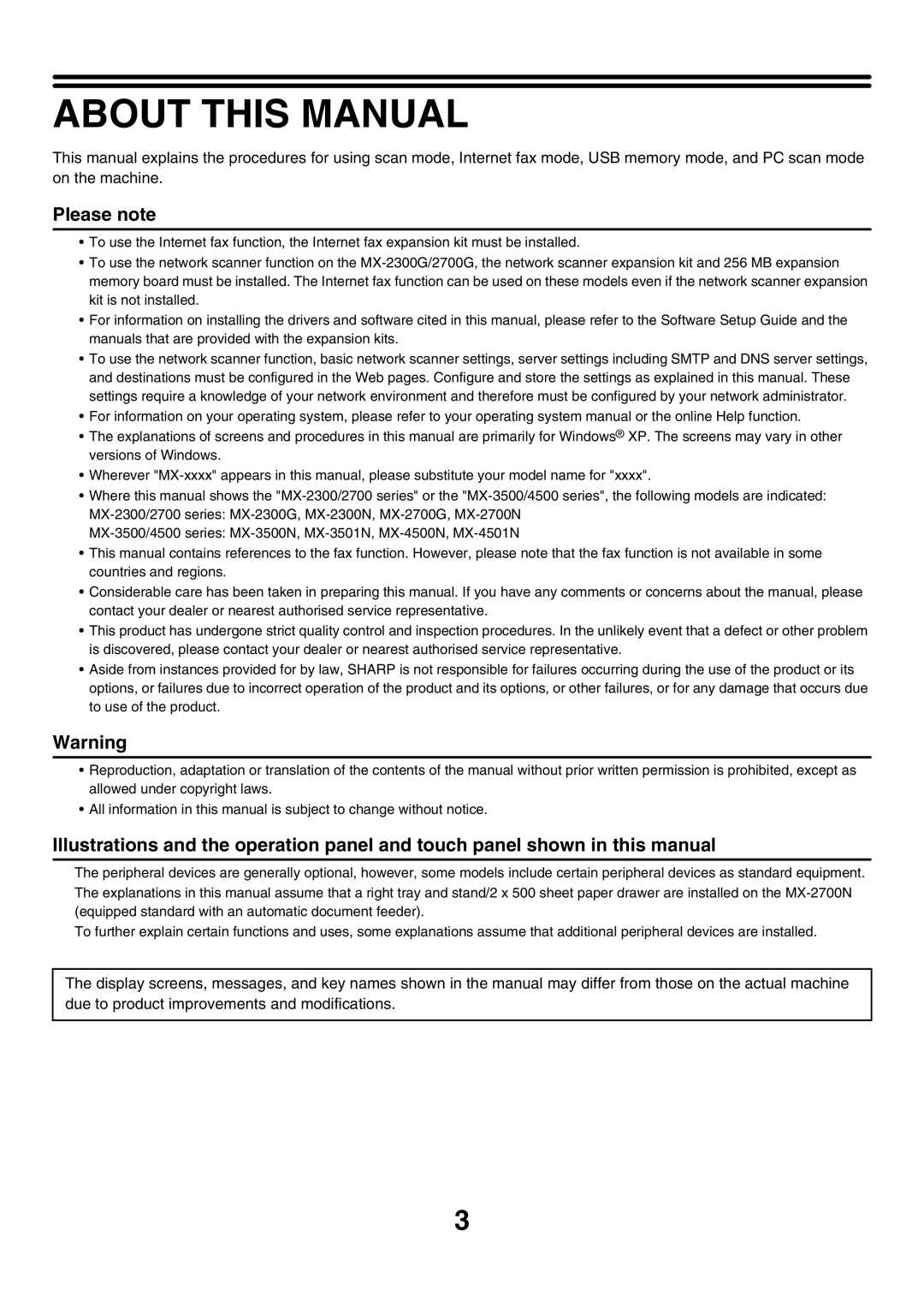 Sharp MX-2300N, MX-4501N, MX-2700N, MX-2300G, MX-3501N, MX-2700G, MX-3500N, MX-4500N manual About this Manual, Please note 