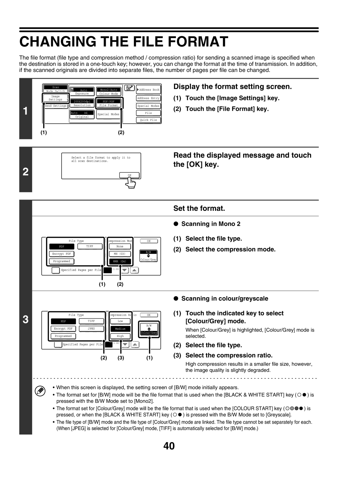 Sharp MX-2700N Changing the File Format, Display the format setting screen, Read the displayed message and touch, OK key 