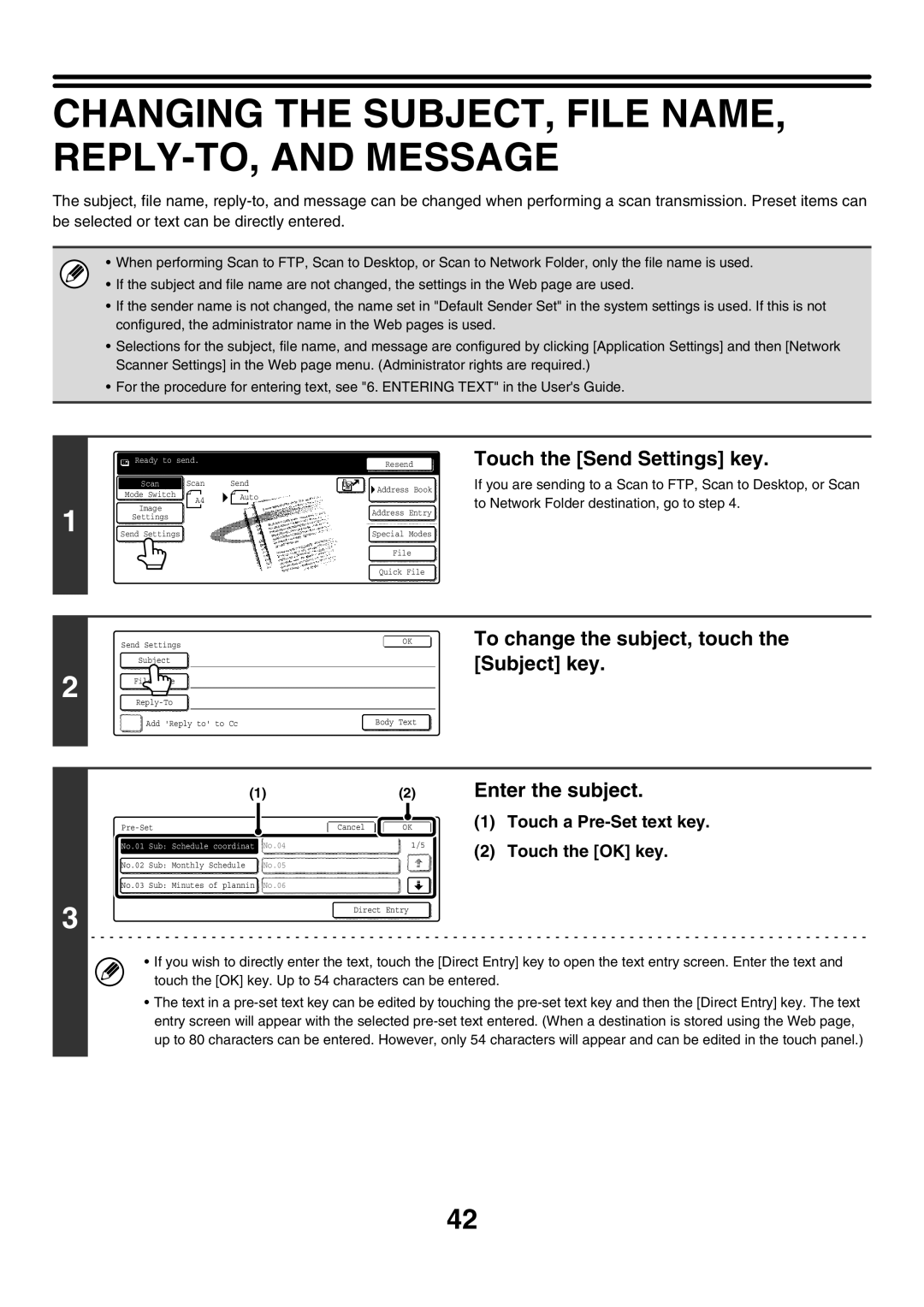 Sharp MX-3501N Changing the SUBJECT, File NAME, REPLY-TO, and Message, Touch the Send Settings key, Enter the subject 