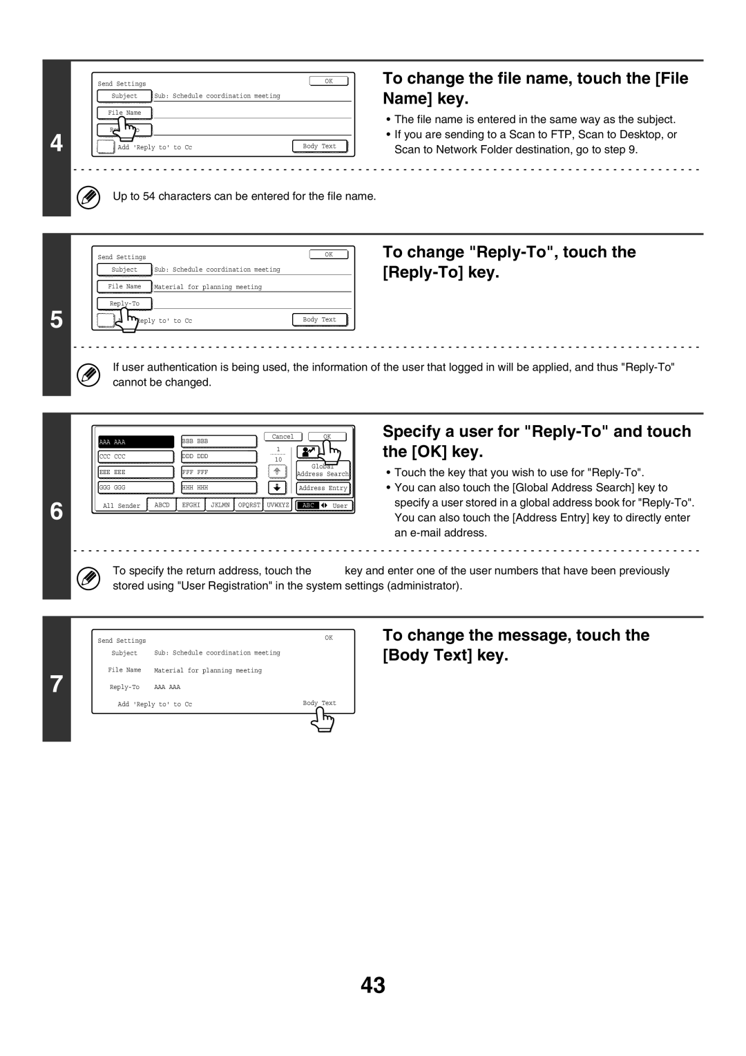 Sharp MX-2300N, MX-4501N manual To change the file name, touch the File Name key, To change Reply-To, touch the Reply-To key 