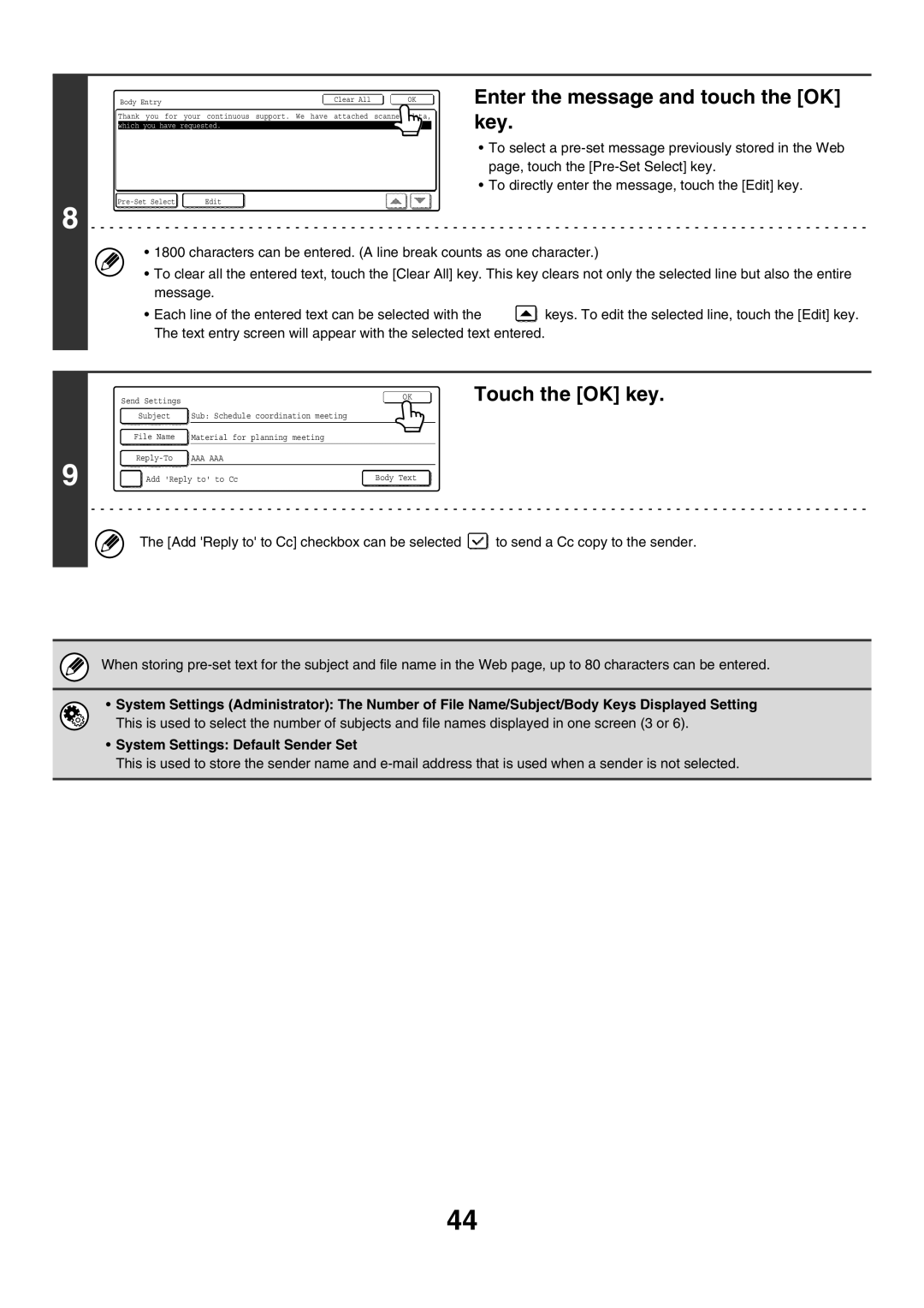 Sharp MX-2700G, MX-4501N, MX-2700N, MX-2300G manual Enter the message and touch the OK key, System Settings Default Sender Set 