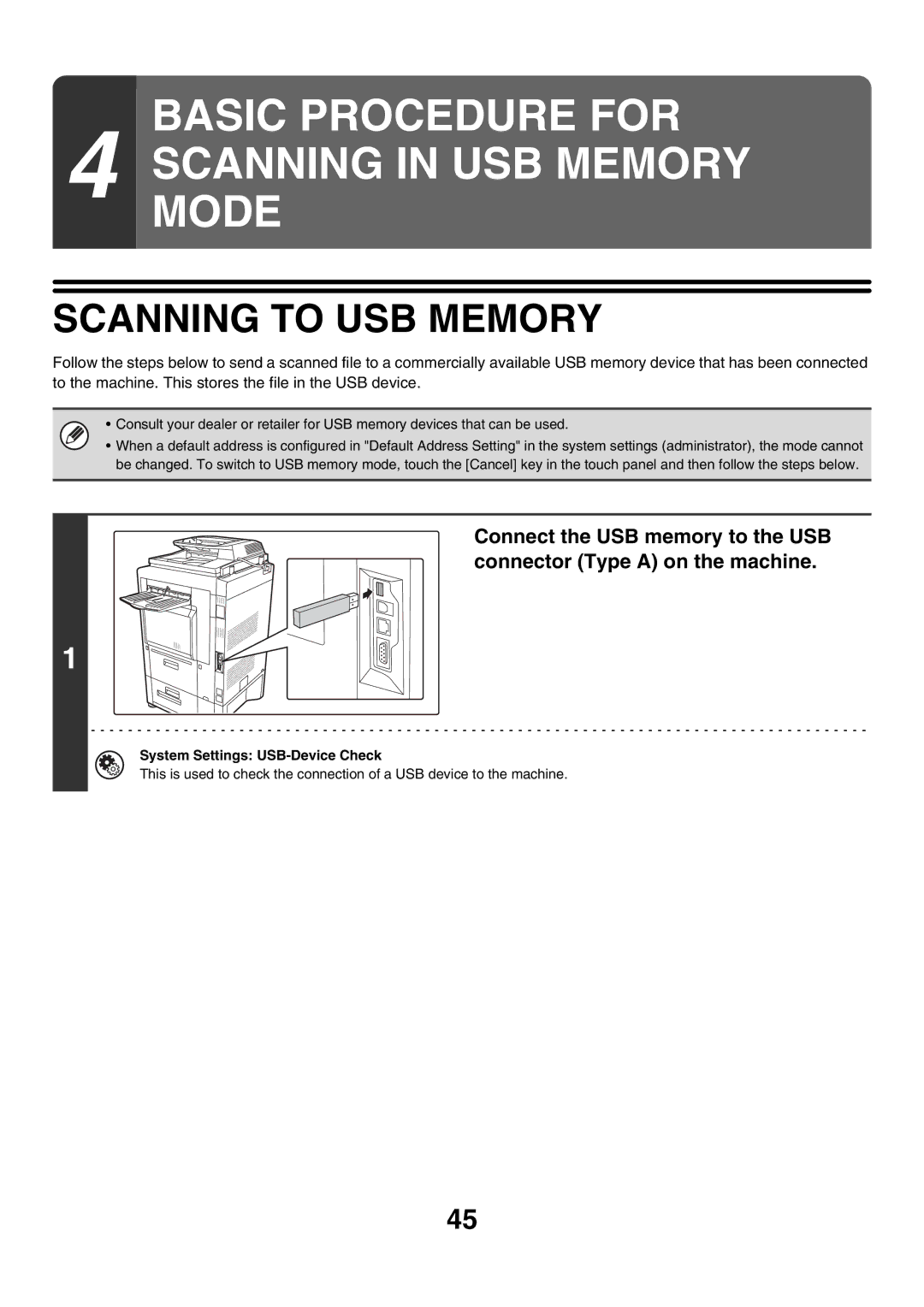 Sharp MX-3500N, MX-4501N, MX-2700N, MX-2300G, MX-3501N, MX-2300N manual Scanning to USB Memory, System Settings USB-Device Check 