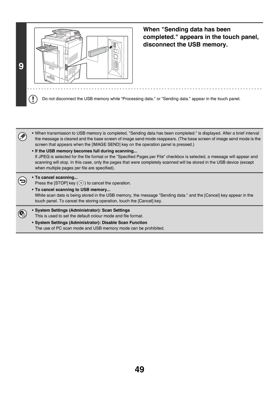 Sharp MX-2300G, MX-4501N, MX-2700N manual If the USB memory becomes full during scanning, To cancel scanning to USB memory 