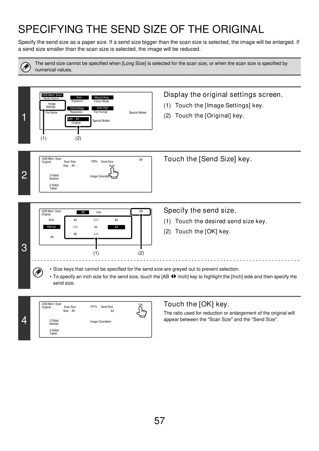 Sharp MX-2300G, MX-4501N, MX-2700N, MX-3501N, MX-2300N, MX-2700G, MX-3500N, MX-4500N manual Scan Size 100% Original Send Size Auto 