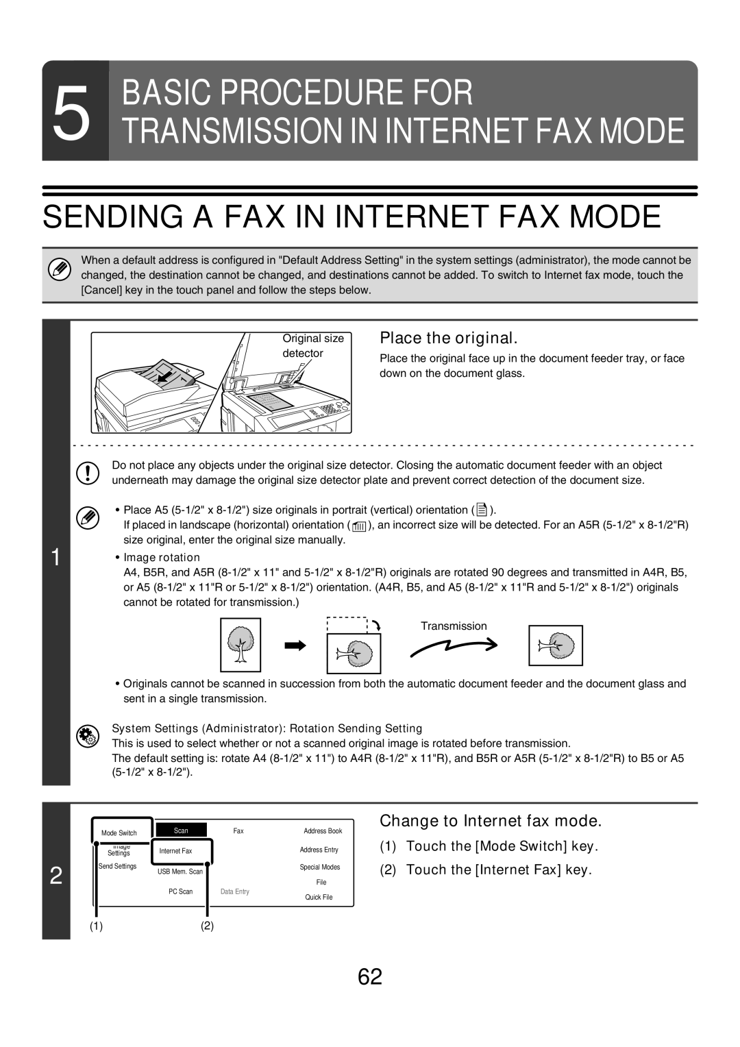 Sharp MX-4500N, MX-4501N, MX-2700N, MX-2300G Sending a FAX in Internet FAX Mode, Change to Internet fax mode, Image rotation 