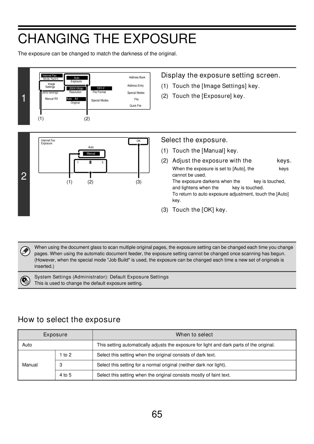 Sharp MX-2300G, MX-4501N, MX-2700N, MX-3501N, MX-2300N, MX-2700G, MX-3500N, MX-4500N Changing the Exposure, Select the exposure 