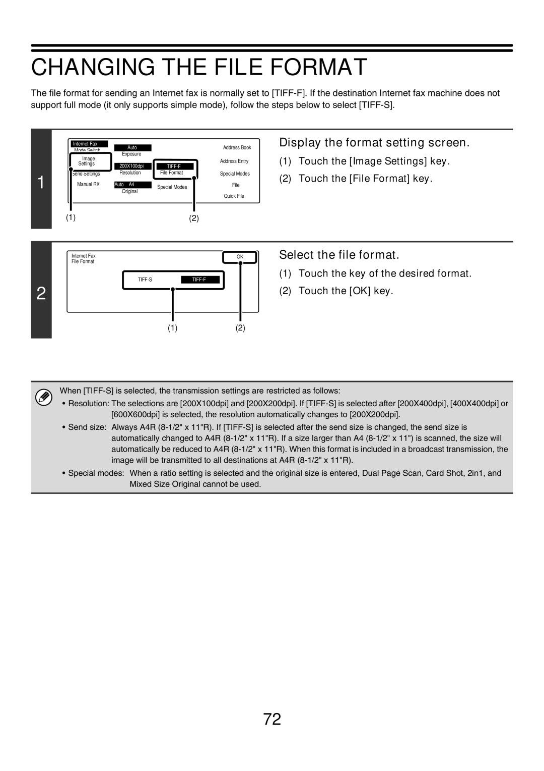 Sharp MX-2700N, MX-4501N, MX-2300G, MX-3501N Select the file format, Touch the key of the desired format Touch the OK key 