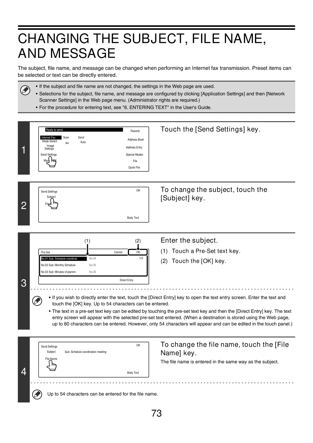 Sharp MX-2300G, MX-4501N, MX-2700N, MX-3501N manual Changing the SUBJECT, File NAME, and Message, Touch the Send Settings key 