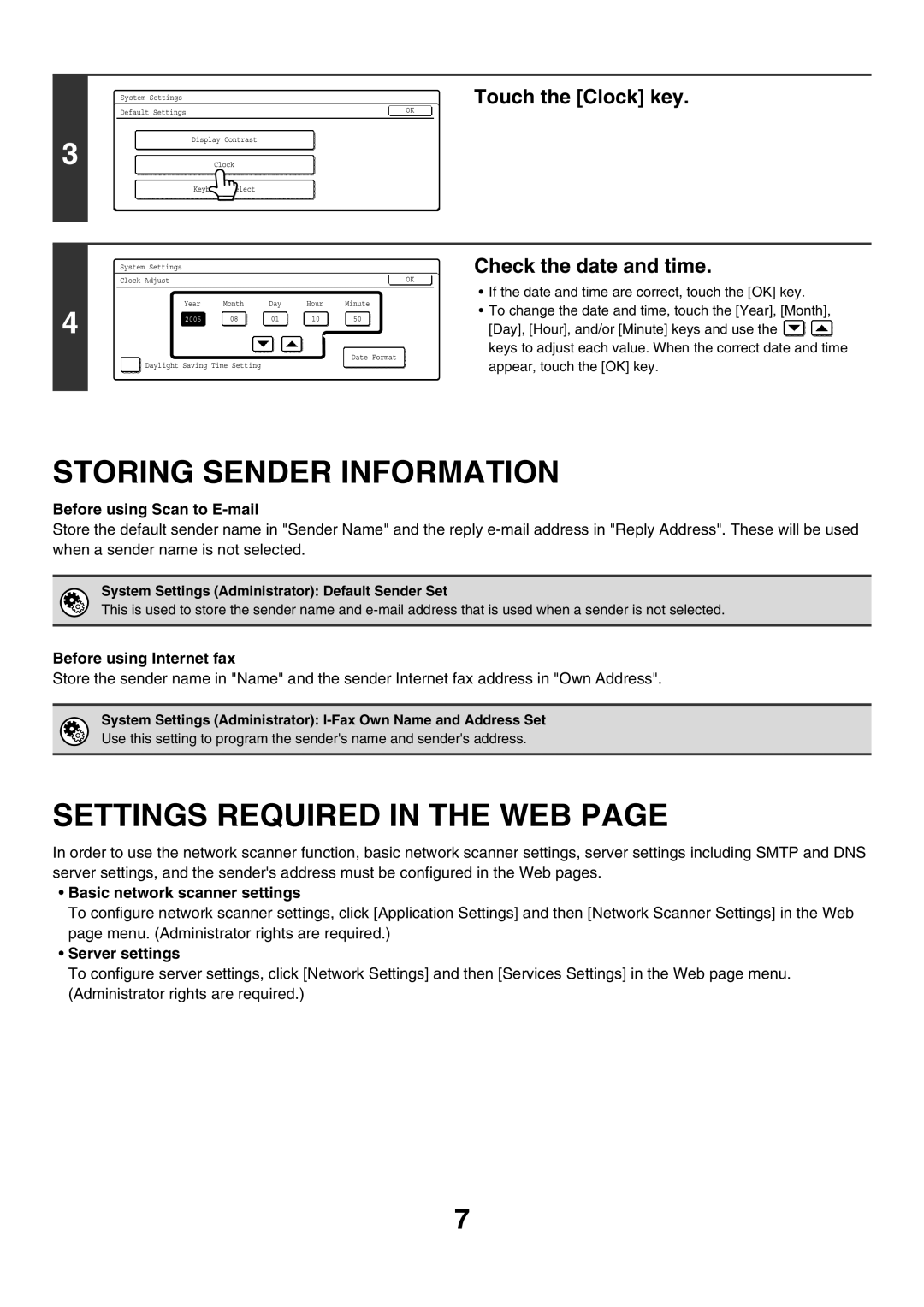 Sharp MX-4501N Storing Sender Information, Settings Required in the WEB, Touch the Clock key, Check the date and time 