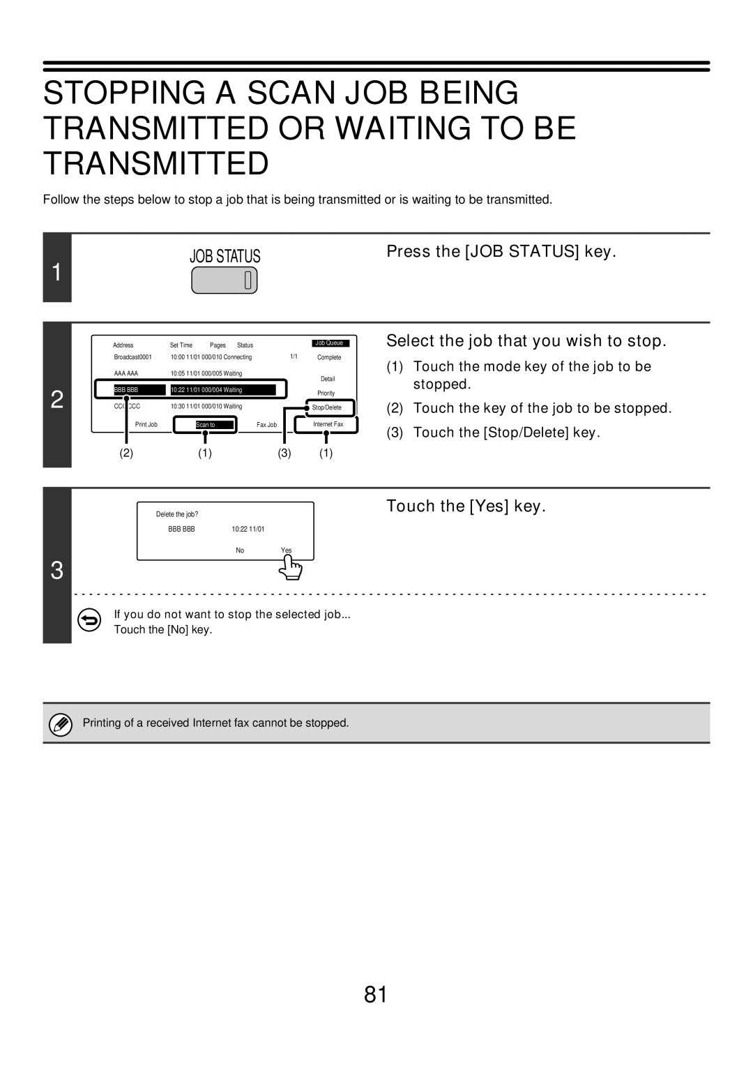 Sharp MX-2300G, MX-4501N, MX-2700N manual Press the JOB Status key, Select the job that you wish to stop, Touch the Yes key 