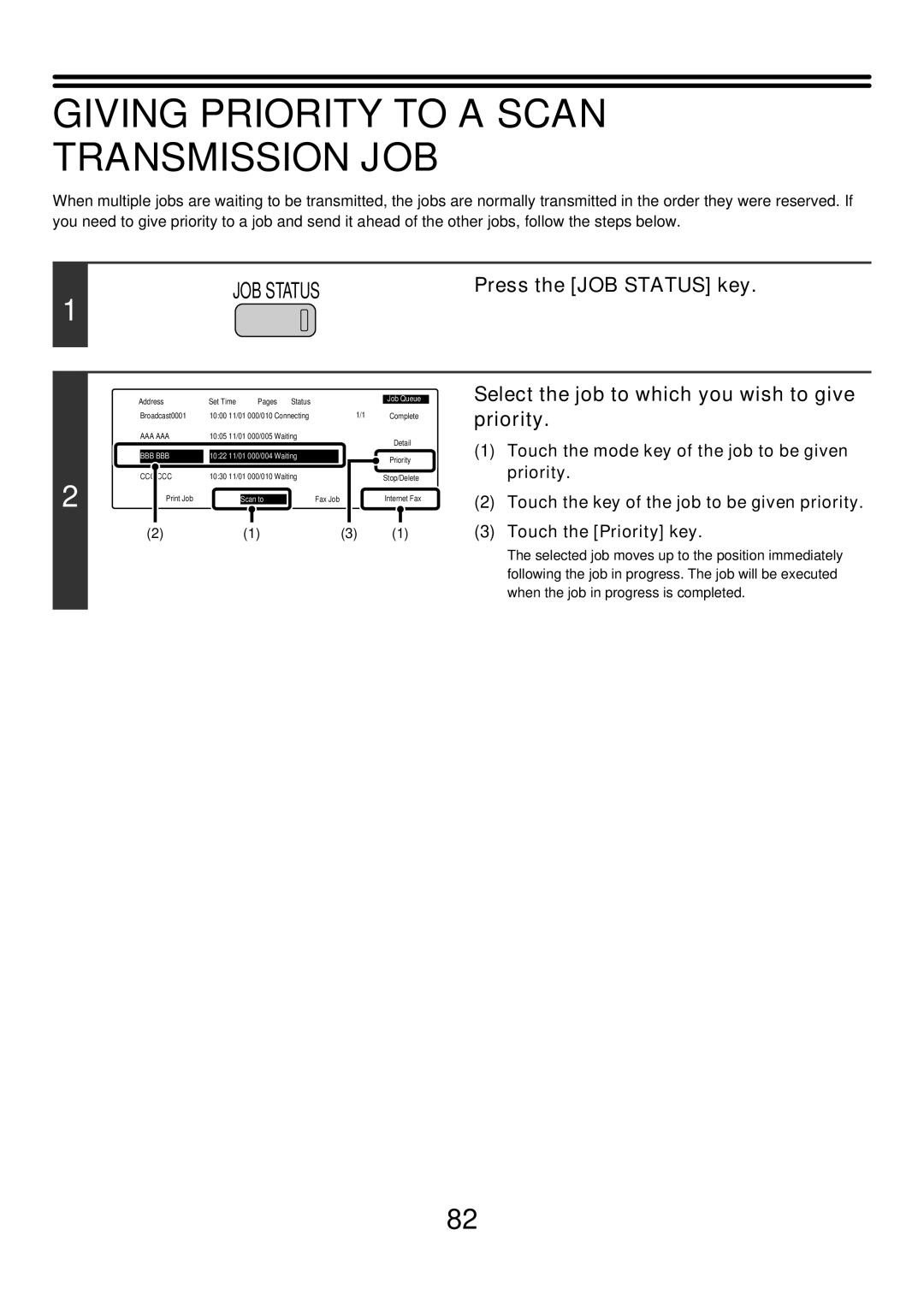 Sharp MX-3501N, MX-4501N Giving Priority to a Scan Transmission JOB, Select the job to which you wish to give priority 