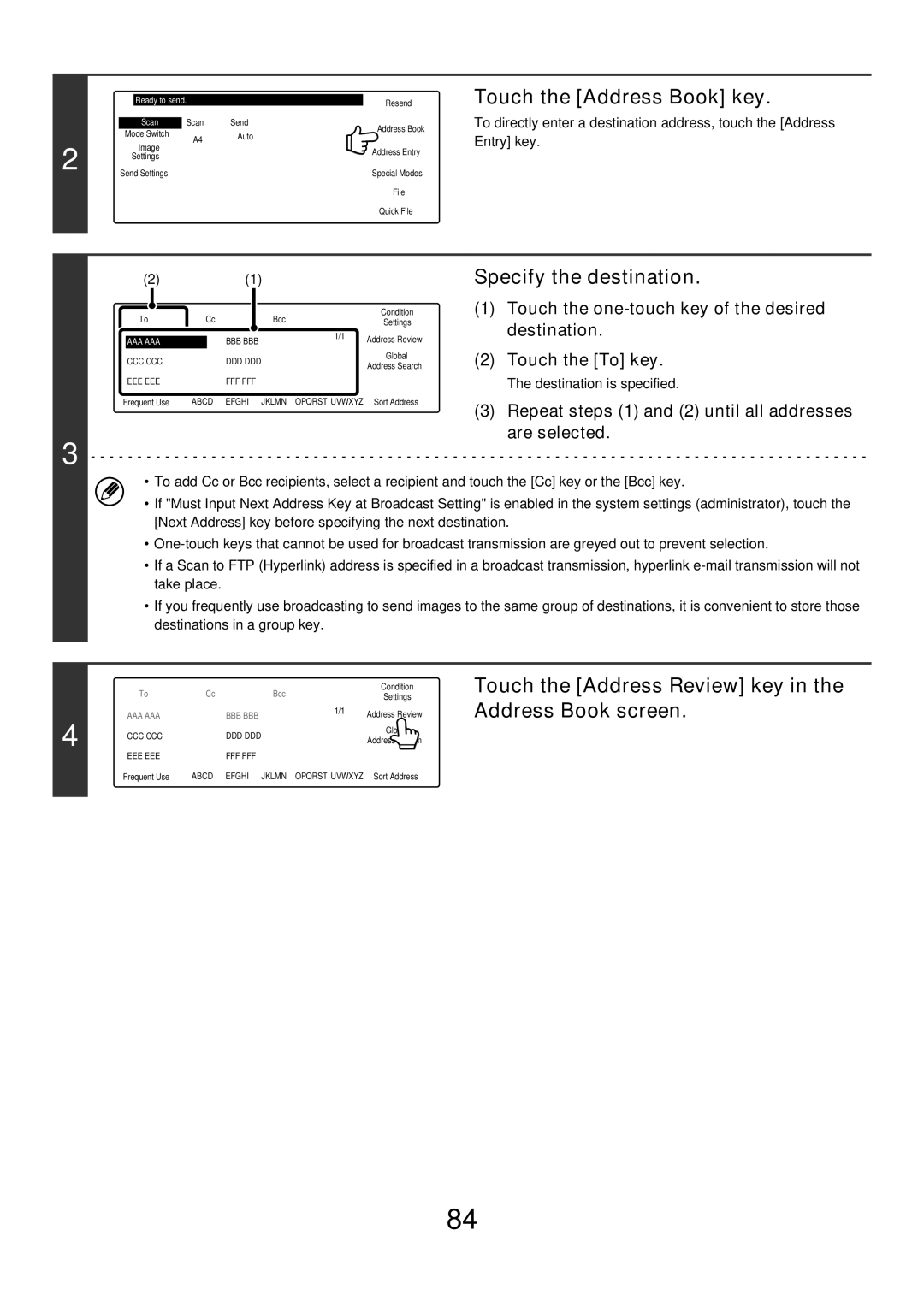 Sharp MX-2700G, MX-4501N, MX-2700N, MX-2300G, MX-3501N, MX-2300N manual Touch the Address Review key in the Address Book screen 