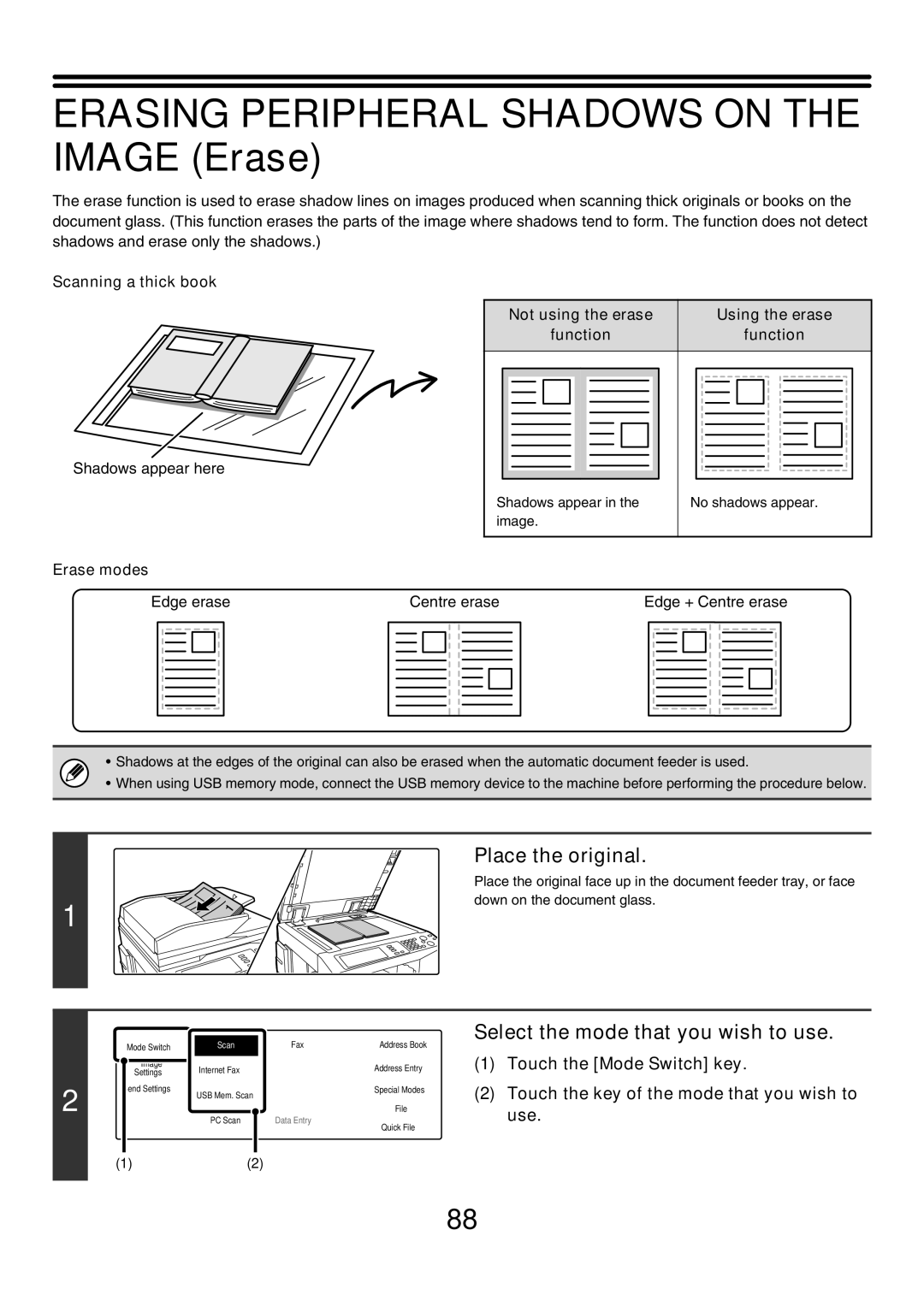 Sharp MX-2700N Erasing Peripheral Shadows on the Image Erase, Select the mode that you wish to use, Scanning a thick book 