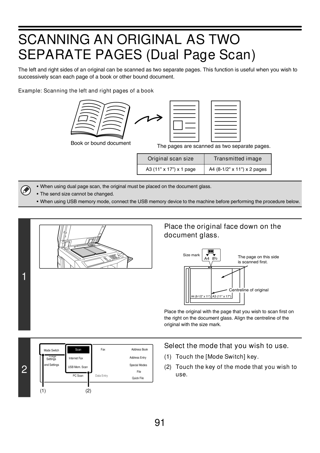 Sharp MX-2300N Scanning AN Original AS TWO Separate Pages Dual Page Scan, Place the original face down on Document glass 