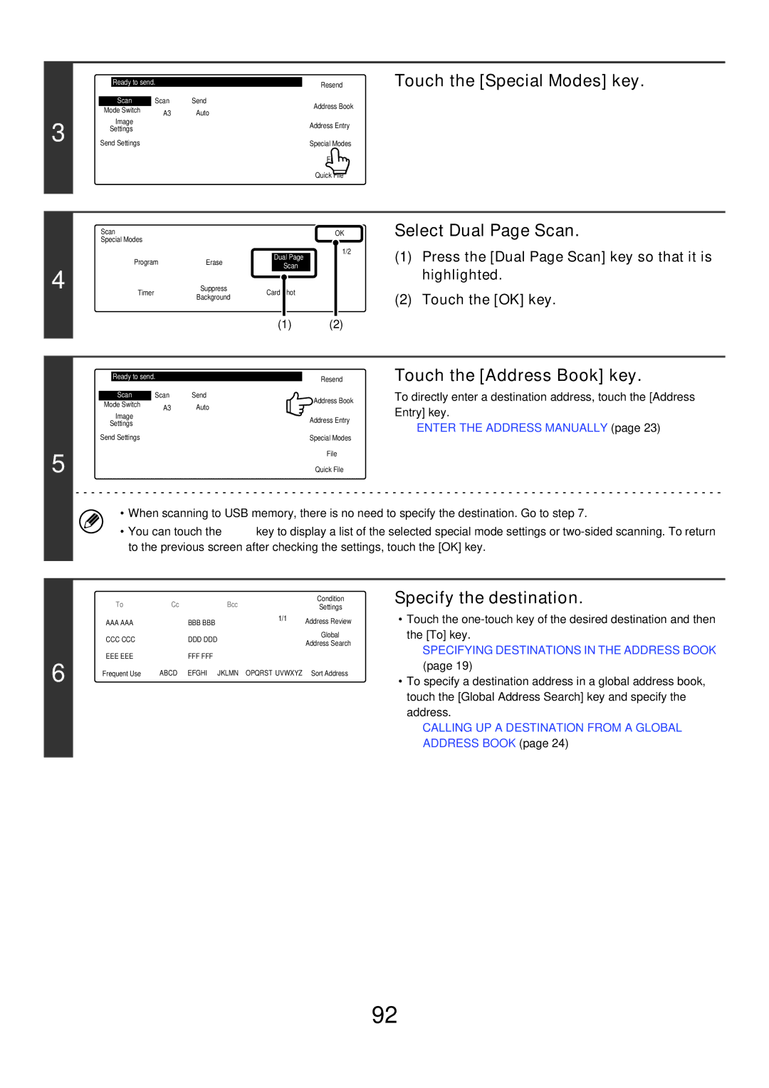 Sharp MX-2700G, MX-4501N, MX-2700N, MX-2300G, MX-3501N, MX-2300N, MX-3500N Touch the Special Modes key, Select Dual Page Scan 