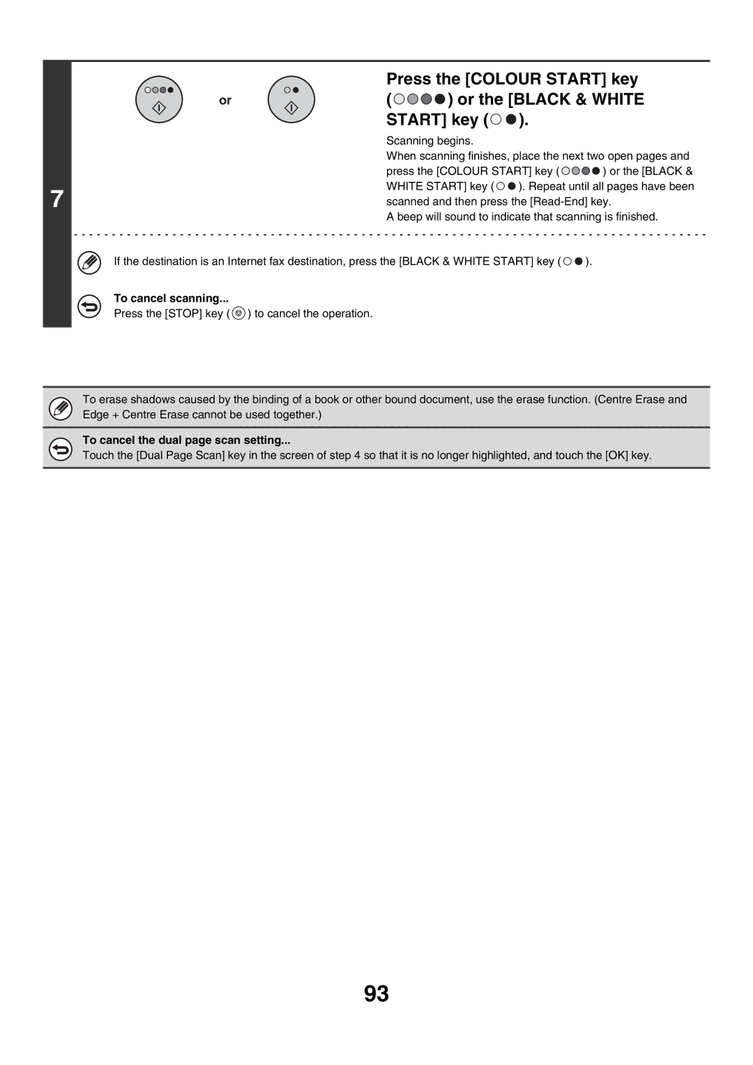 Sharp MX-3500N, MX-4501N, MX-2700N Press the Colour Start key Or the Black & White, To cancel the dual page scan setting 