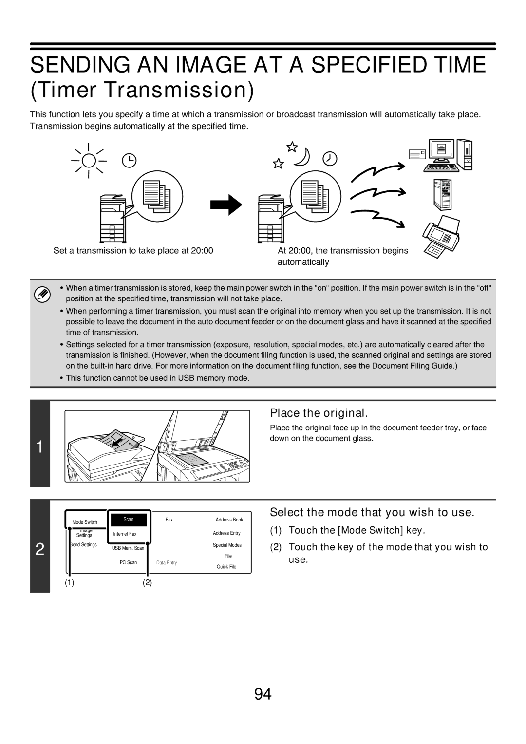 Sharp MX-4500N, MX-4501N, MX-2700N, MX-2300G Sending AN Image AT a Specified Time Timer Transmission, Place the original 