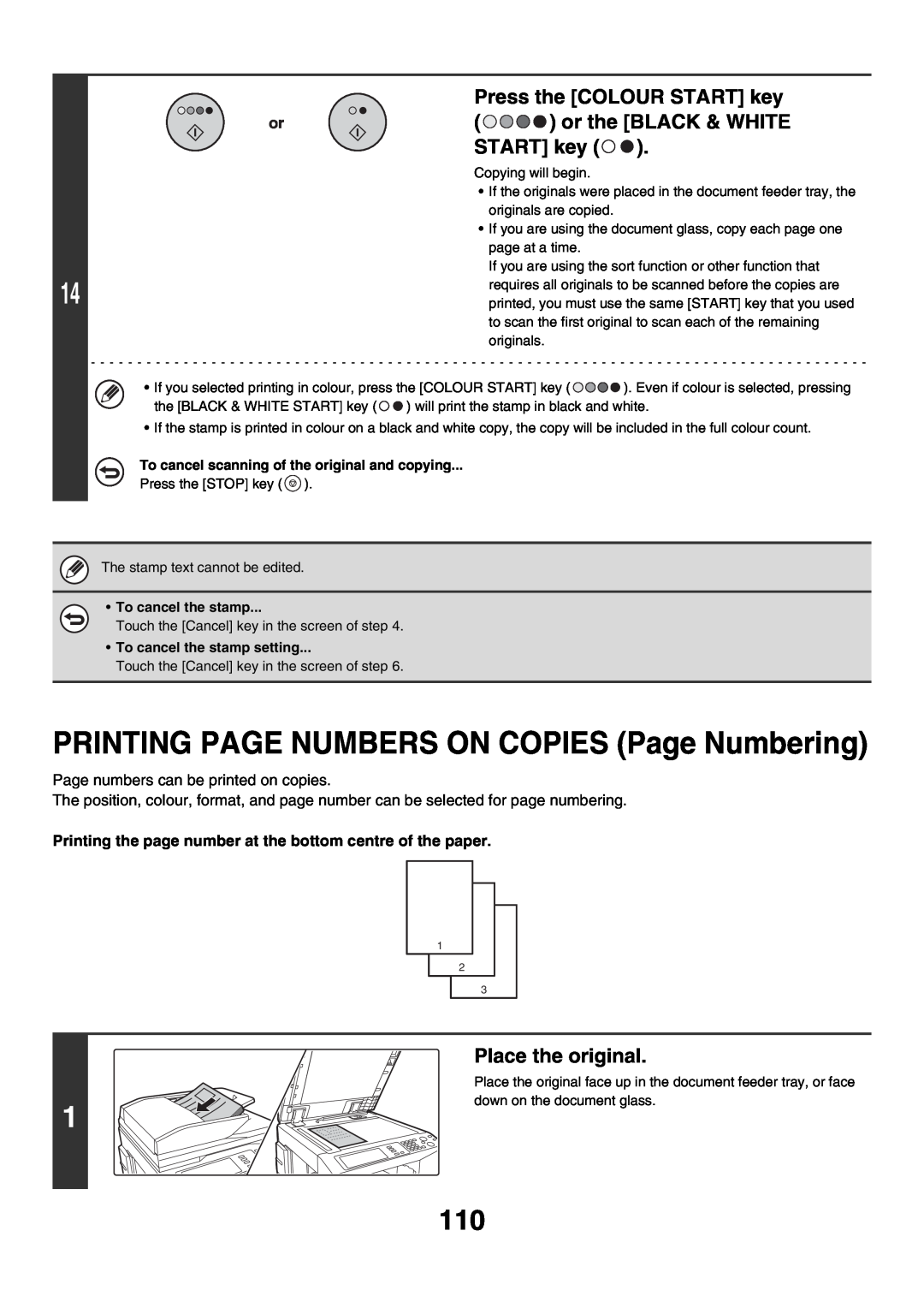 Sharp MX-4500N, MX-4501N PRINTING PAGE NUMBERS ON COPIES Page Numbering, Press the COLOUR START key, or the BLACK & WHITE 