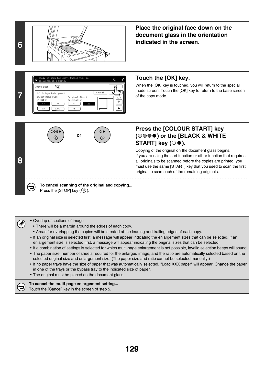 Sharp MX-2300G document glass in the orientation, indicated in the screen, Place the original face down on the, START key 