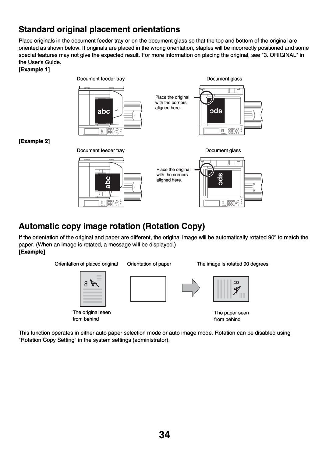 Sharp MX-3501N, MX-4501N, MX-2700N Standard original placement orientations, Automatic copy image rotation Rotation Copy 