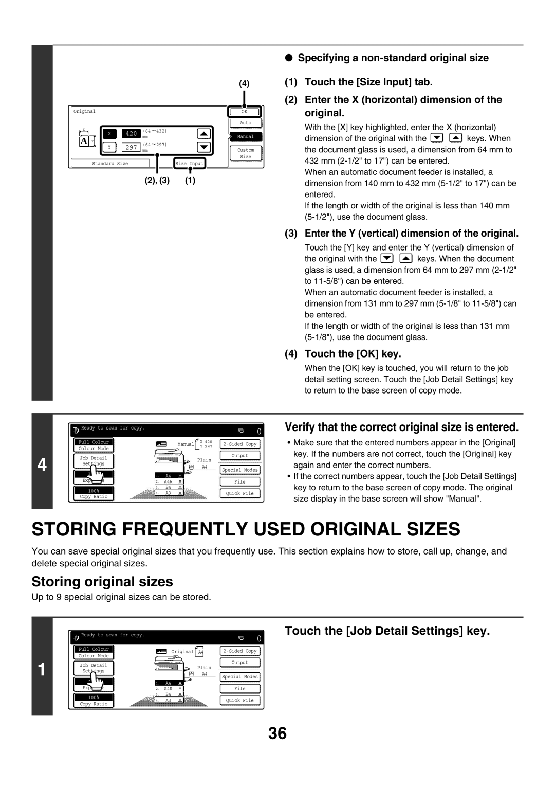 Sharp MX-2700G Storing Frequently Used Original Sizes, Storing original sizes, Specifying a non-standard original size 