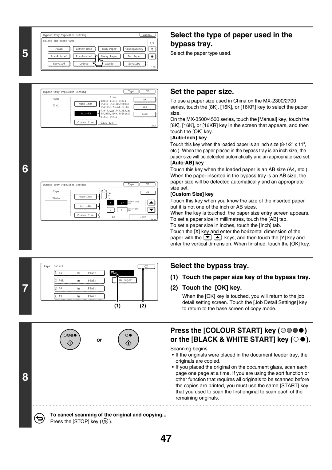 Sharp MX-4501N Select the type of paper used in the bypass tray, Select the bypass tray, Set the paper size, Auto-Inch key 