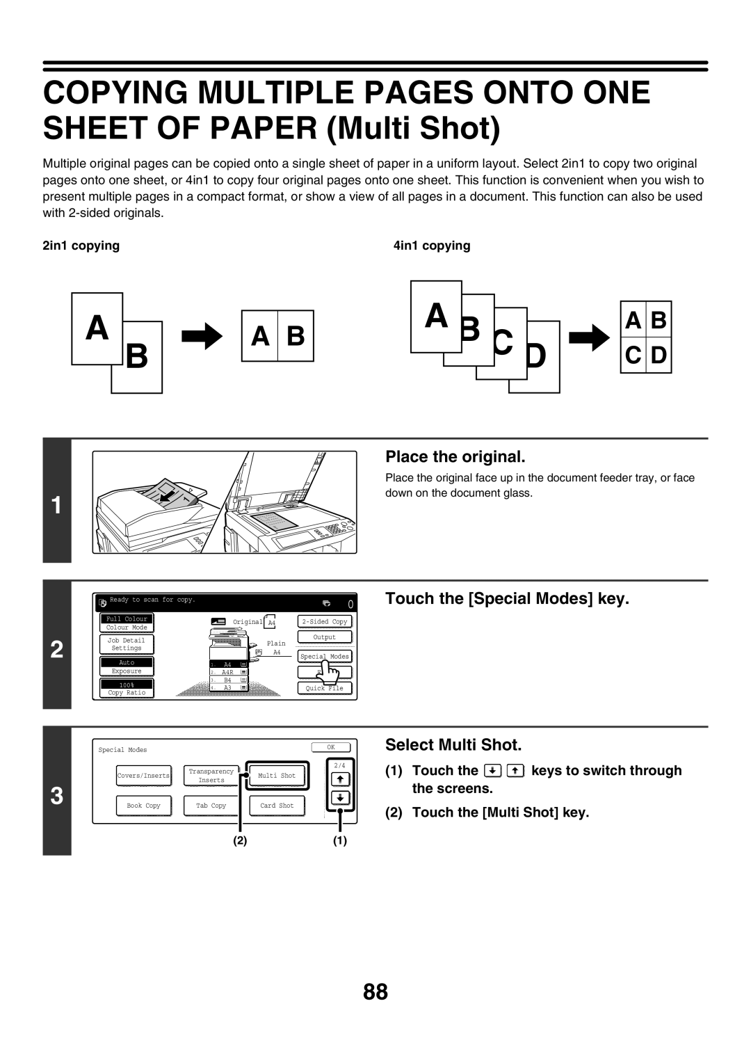 Sharp MX-2700N COPYING MULTIPLE PAGES ONTO ONE SHEET OF PAPER Multi Shot, Select Multi Shot, Touch the Multi Shot key 
