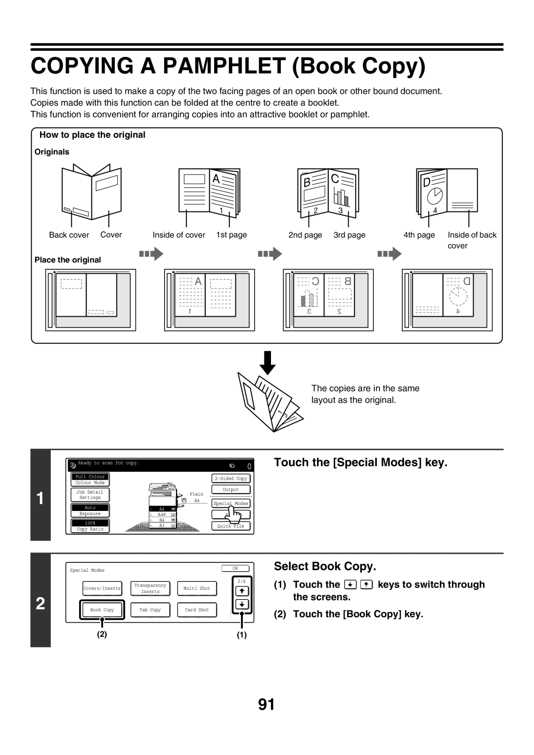 Sharp MX-2300N, MX-4501N, MX-2700N, MX-2300G manual COPYING A PAMPHLET Book Copy, Select Book Copy, Touch the Book Copy key 