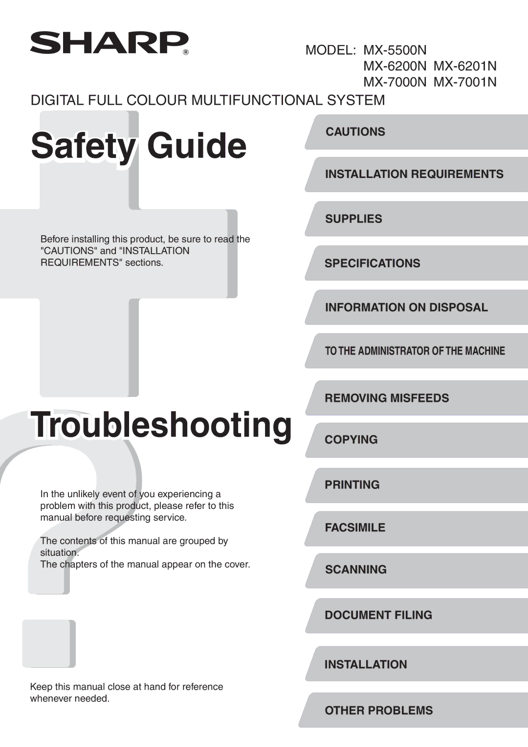 Sharp MX-7000N, MX-6200N, MX-5500N, MX-7001N, MX-6201N specifications Safety Guide 