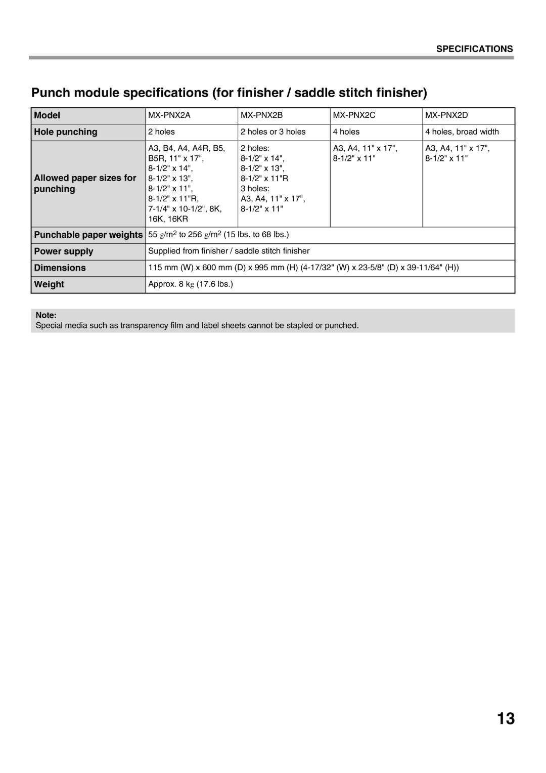 Sharp MX-5500N, MX-6200N, MX-7000N, MX-7001N, MX-6201N specifications Hole punching, Punching, Punchable paper weights 